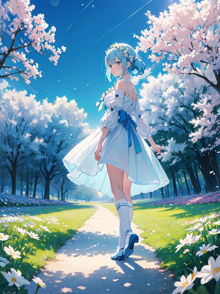anime girl with light blue hair and white dress standing in a field of flowers, trending on artstation pixiv, digital art on pixiv, anime art wallpaper 8 k, guweiz on pixiv artstation, anime art wallpaper 4 k, anime art wallpaper 4k, top rated on pixiv, beautiful anime artwork, pixiv contest winner，(white long socks)