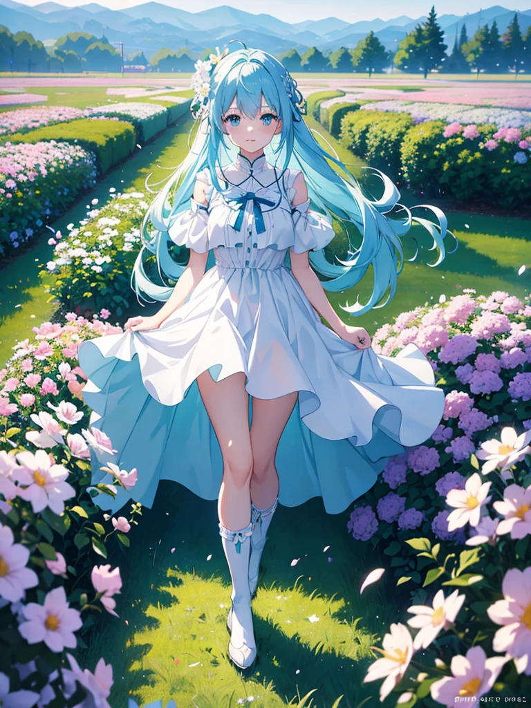 anime girl with light blue hair and white dress standing in a field of flowers, trending on artstation pixiv, digital art on pixiv, anime art wallpaper 8 k, guweiz on pixiv artstation, anime art wallpaper 4 k, anime art wallpaper 4k, top rated on pixiv, beautiful anime artwork, pixiv contest winner，(white long socks)