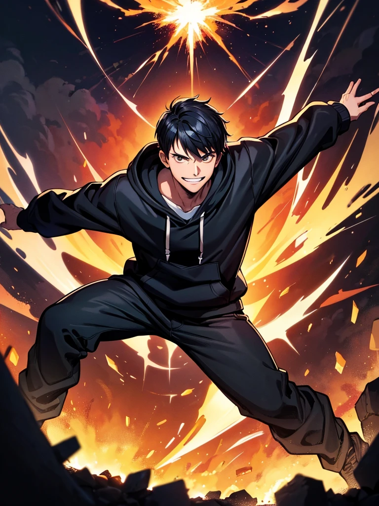 ((illustration)), (best quality)), ((masterpiece)), (simple detail), comic cover, a young man spreading his arms wide while explosion happens behind him, dark shadows covers his front, Dark hoodie, evil smile, solo,