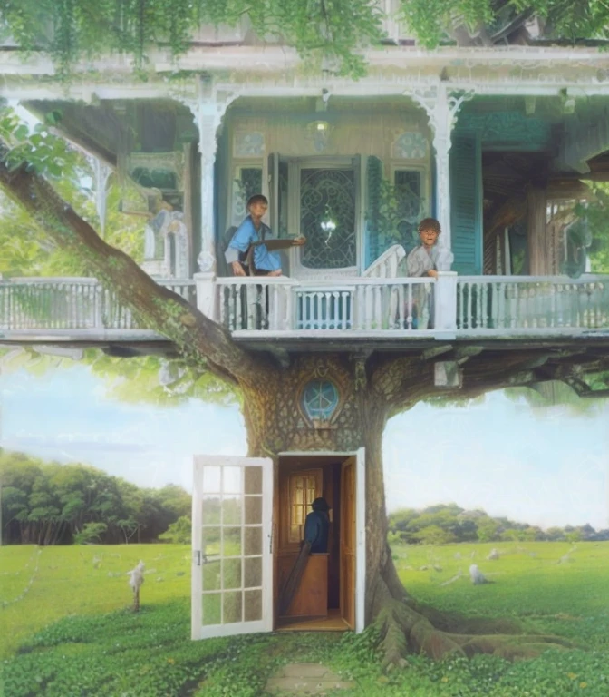 arafed Treehouse with a porch and a porch with a door open, Rob Gonçalves and Tim White, Treehouse, Treehouse, in a Treehouse, Direction: Quint Buchholz, beachwood Treehouse, Jim Warren and Rob Goncalves, Laurie Lipton e Michael Whelan, Direction: Leandro Erlich, por Rob Gonsalves