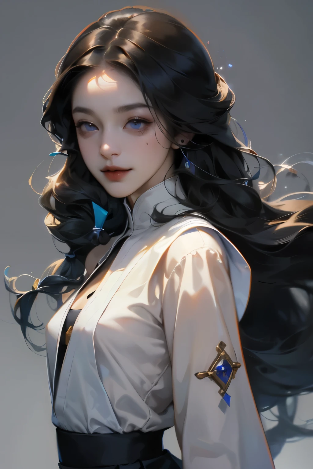 4k, (masterpiece), best quality,  2d, ((National Foundation)), ( Anime Schol), (Unbuttoned shirt), (Small Breasts), nipple, Brown long hair, blue eyes, Smile, Height, Clear eyes, Black eyelashes, (Complex and meticulous), Dramatic, Xin Haicheng, Popular on CGsociety