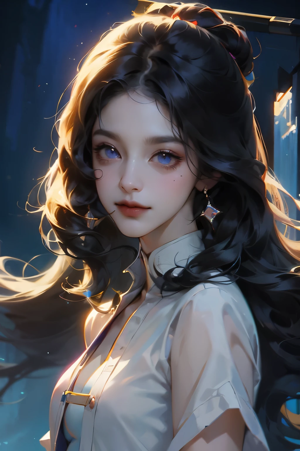 4k, (masterpiece), best quality,  2d, ((National Foundation)), (Teen Anime School Girl), (Unbuttoned shirt), (Small Breasts), nipple, Brown long hair, blue eyes, Smile, Height, Clear eyes, Black eyelashes, (Complex and meticulous), Dramatic, Xin Haicheng, Popular on CGsociety