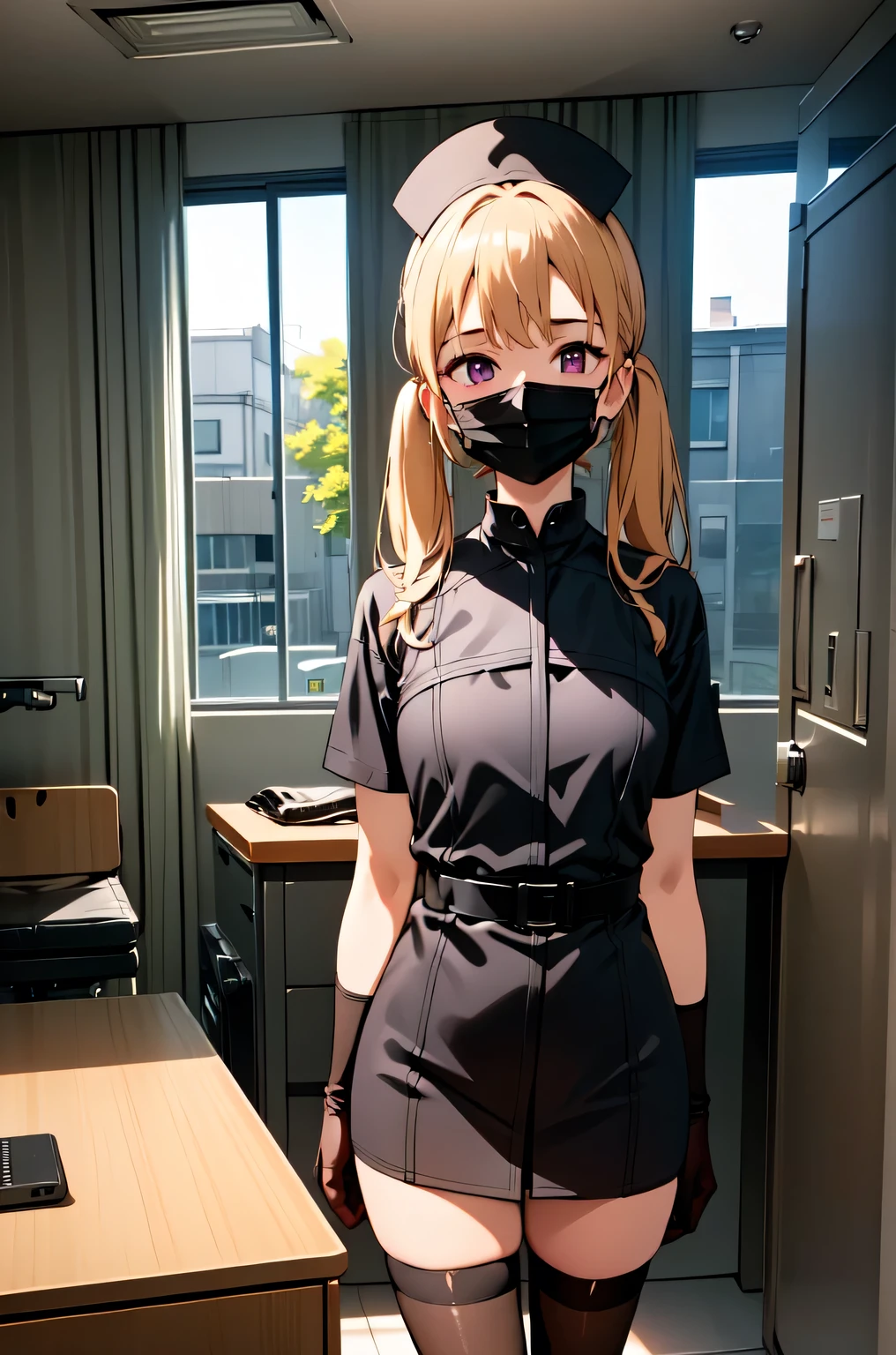 black nurse, 1girl, solo, black nurse cap, black nurse uniform, ((black legwear, zettai ryouiki)), black elbow gloves, twintails, yellow hair, purple eyes, ((black surgical mask, covered nose)), standing, ((surgery room)), sharp outline, short sleeves, best quality, masterpiece