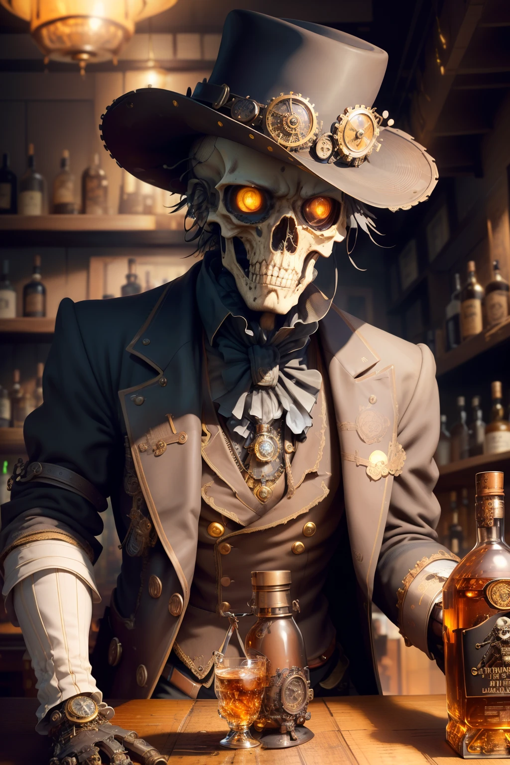 Steampunk AI。masterpiece。highest quality。Detailed details。one skeleton。(skeleton in steampunk style)。(gentleman)。ragged clothes。(At the counter of a dusty bar, he speaks softly to a whiskey bottle and glass.)。((dim lighting))。