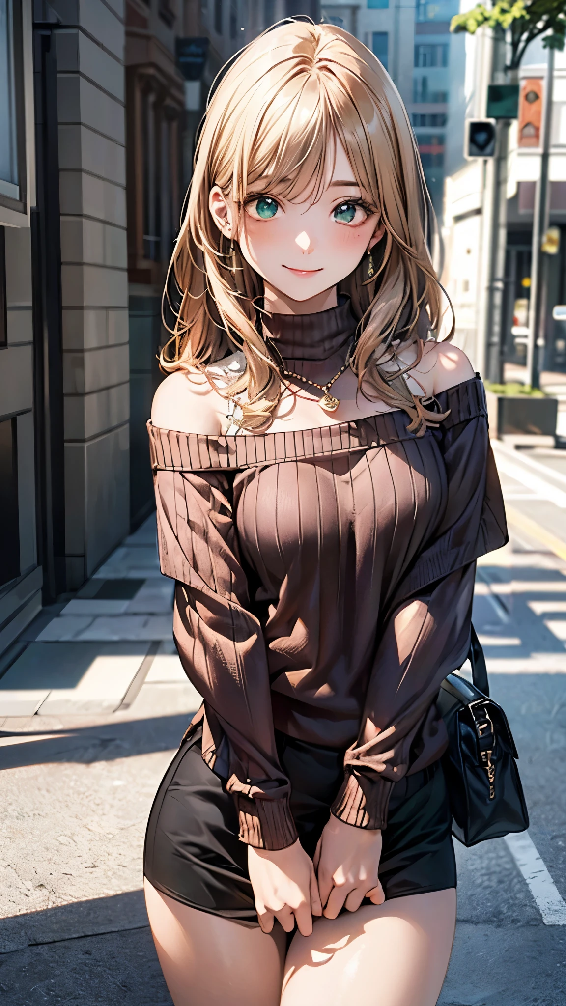 (masterpiece:1.2, top-quality), (realistic, photorealistic:1.4), beautiful illustration, (perfect lighting, natural lighting), depth of fields,
beautiful detailed hair, beautiful detailed face, beautiful detailed eyes, beautiful clavicle, beautiful body, beautiful chest, beautiful thigh, beautiful legs, beautiful hands,
looking at viewer, 1 girl, high school girl, perfect face, cute and symmetrical face, shiny skin,
(long hair, straight hair, blonde hair), swept bangs, emerald green eyes, long eye lasher, (medium breasts, thick thighs),
(detailed cloth texture, off-shoulder, (dark brown sweaters:1.4), superskirt, dress, bottom less), wrist chakra, necklace, black bra,
(beautiful scenery), evening, (street:1.2), standing, hands between legs, (lovely smile, upper eyes),