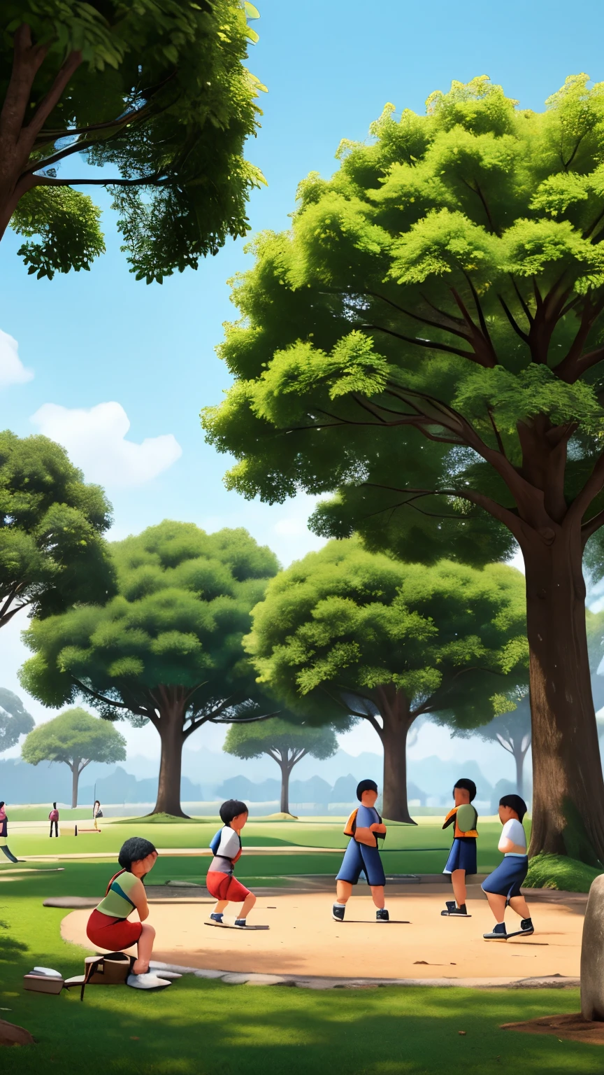 make a live report frame 9:16 about park nature with people play around wearing sport outfit with tree around them and the people playing together like in family gathering oubond event