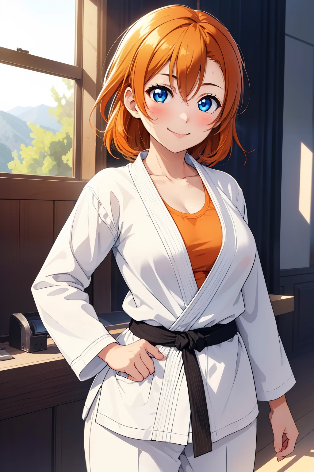 (masterpiece, 最high quality, high quality), Upper Body,Volumetric lighting, figure, beautiful, Perfect lighting, Perfect Shadow, (Nice views:1.1), Blushing, In-person audience, Are standing,Kousaka honoka, blue eyes, Orange Hair,Empty-handed,White Karate Custom, Big Breasts, sweating, smile