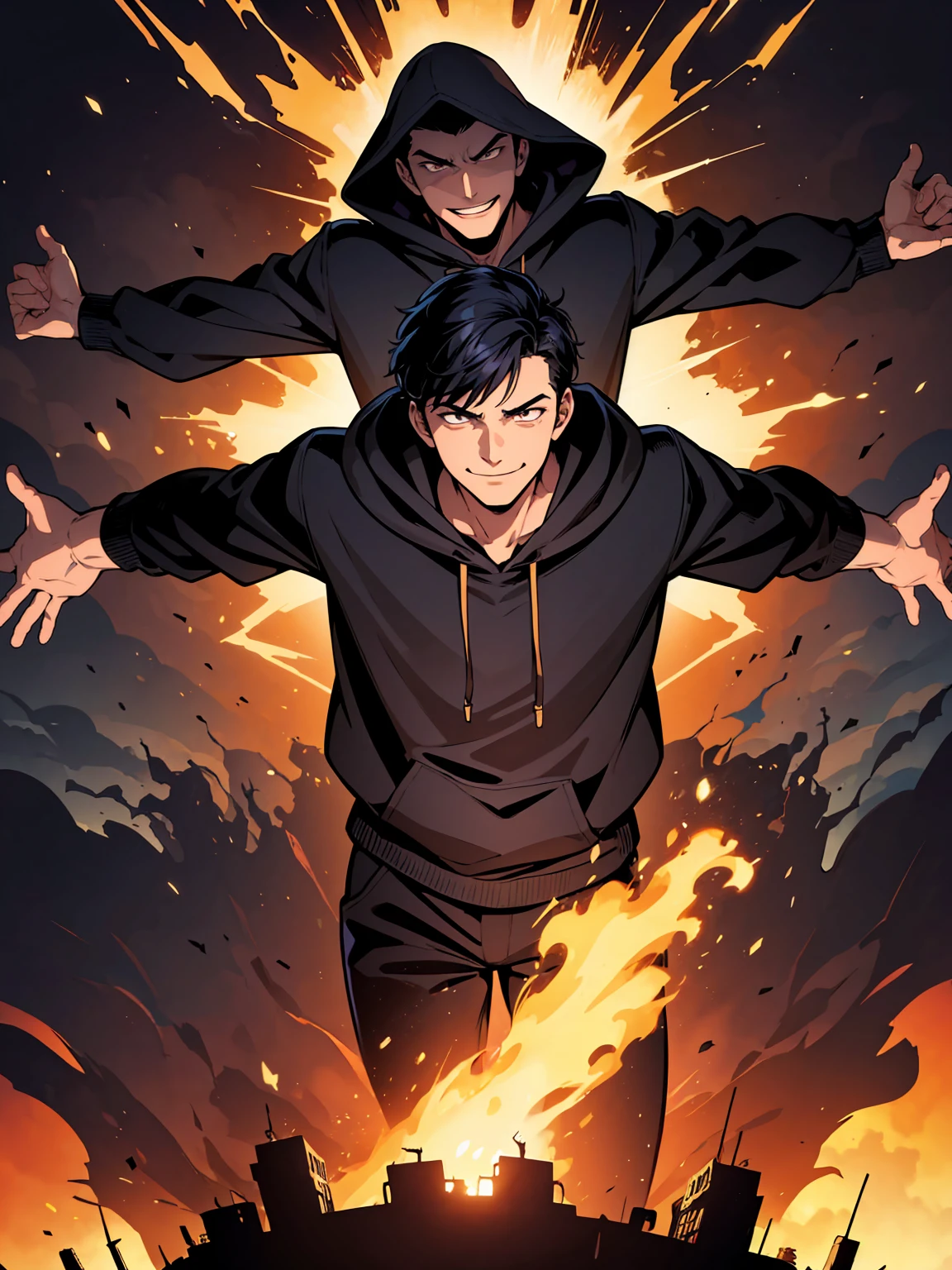 ((illustration)), (best quality)), ((masterpiece)), (simple detail), comic cover, a young man spreading his arms wide while explosion happens behind him, dark shadows covers his front, Dark hoodie, evil smile, solo,