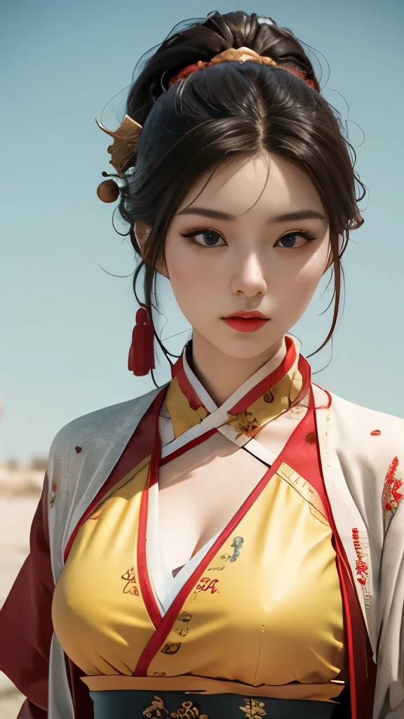 Game Art，Best image quality，Maximum resolution，8K，(A half-length photo)，(portrait)，(Head close-up)，(Rule of Thirds)，Unreal Engine 5 rendering works， (Future girl)，(Female Warrior)， 
20 year old girl，(Chinese General)，Eyes full of details，(Large Breasts)，Elegant and noble，indifferent，brave，
(Wear Chinese clothes，Chinese Hanfu，Tang dynasty costumes，The costumes are rich in detail，Simple tones)，Chinese characters，Fantasy style，
Photo poses，Wild background，Light，Light线追踪，Game CG，((3D Unreal Engine))，OC rendering reflection mode