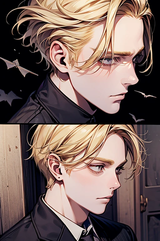 (Flying debris), (highest quality), Perfect Face, Beautiful Face, Highly detailed face，(Blond man:1.3)，suit，shirt，Faces from different angles