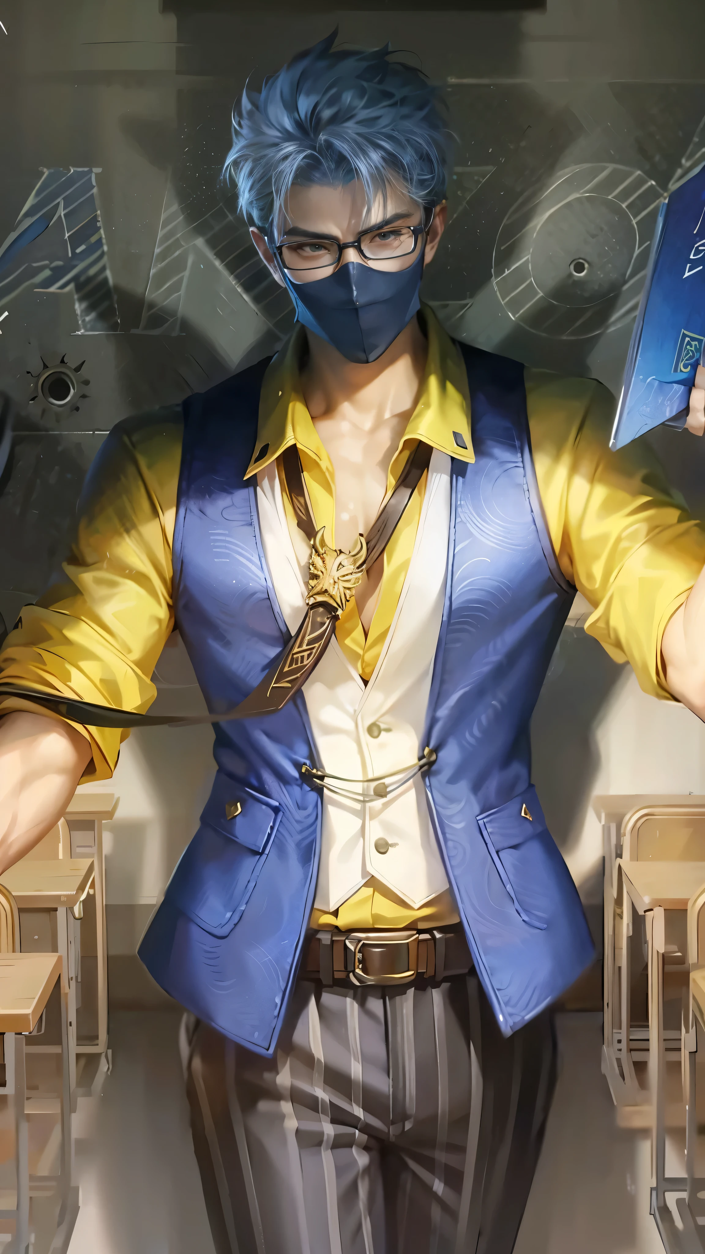 Best quality, masterpiece, detailed skin texture, detailed clothes texture, detailed face, super detail, 8k, intricate detail, 1 boy, The color doesn't change, Muscle guy, 1 guy, anime character with a mask and glasses holding a book, inspired by Cao Buxing, range murata and artgerm, style ivan talavera and artgerm, style of artgerm, sakimichan frank franzzeta, artgerm. high detail, character splash art, inspired by Huang Shen, artgerm. anime illustration.
