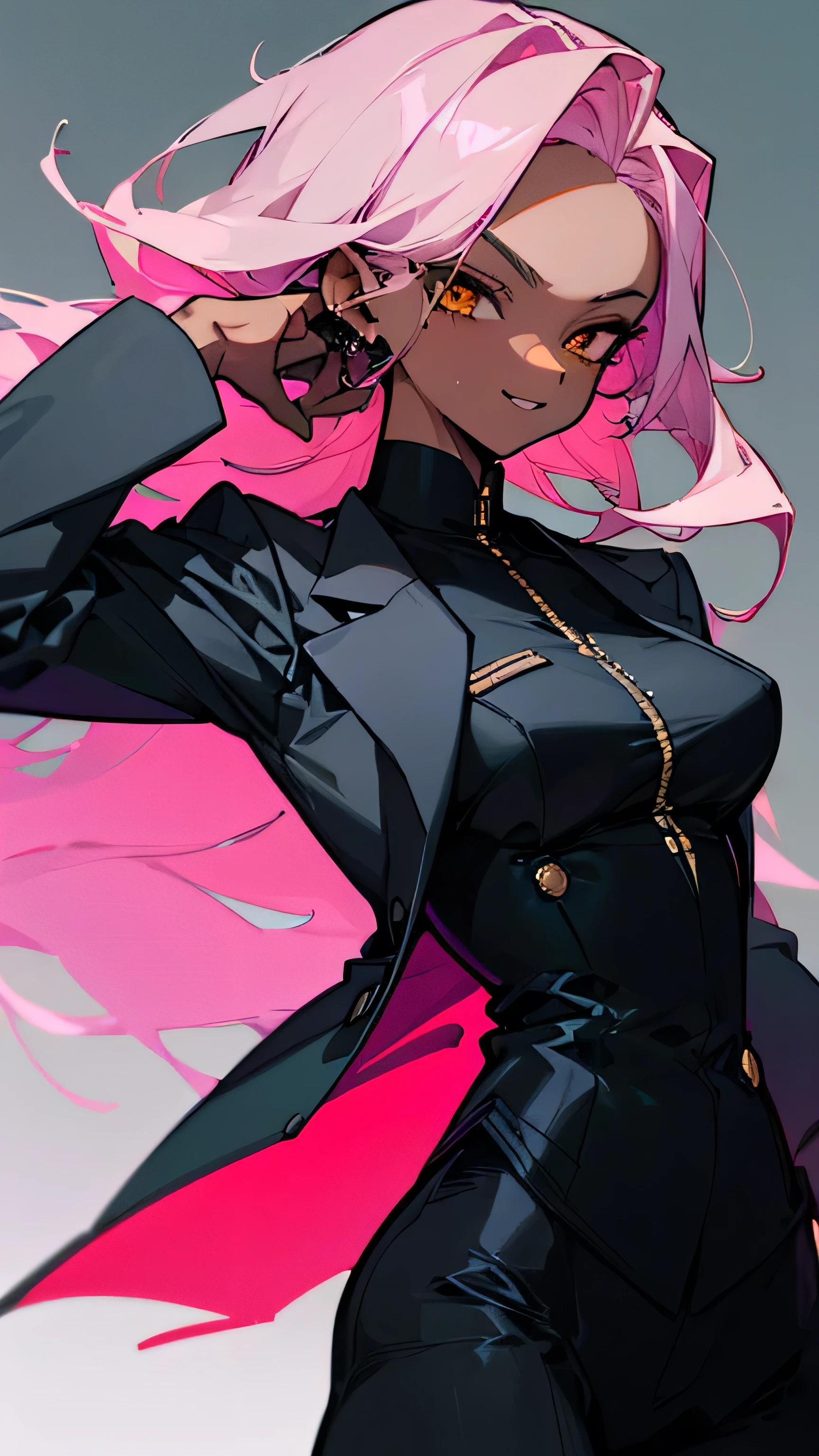 (highest quality、masterpiece:1.2) 1 Female、adult、((Dark skinned women、Hair over the ears)), light pink hair, blue hair, yellow Eyes、(small Glass)、((Black business suit、Black tailored jacket、White shirt、Black pantsuit)), (Malicious smile), sharp eye, under boob, Small earrings, Shoulder-length hair, Triangular bangs, Hair on the sides that is different length,