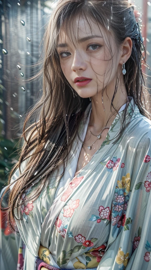 (RAW shooting:1.5, Photorealistic:1.5, 16k, highest quality, masterpiece, Ultra-high resolution), Perfect dynamic composition:1.3, (heavy snow, On a cliff on a precipitous cliff, Great background, Expressions of sadness:0.9), Highly detailed skin and facial textures:1.3, Wet slim woman:1.2, Random Shot, Fair skin:1.2, Mysterious portrait:1.1, Incredibly slim body:1.2, aesthetic:1.1, Very beautiful face:1.2, Water droplets on the skin, (Rain dripping down on my body:1.1, Wet body:1.1, Wet Hair:1.1), (Professional kimono dressing:1.1, With a wet bouquet:1.2, The correct way to wear a wet silver kimono:1.3), (Shapely breasts, Chest gap),  (Beautiful erotic eyes:0.8, Beautiful, erotic lips:0.8), (Too erotic:0.9, Fascinating:0.9), necklace, Earrings, bracelet