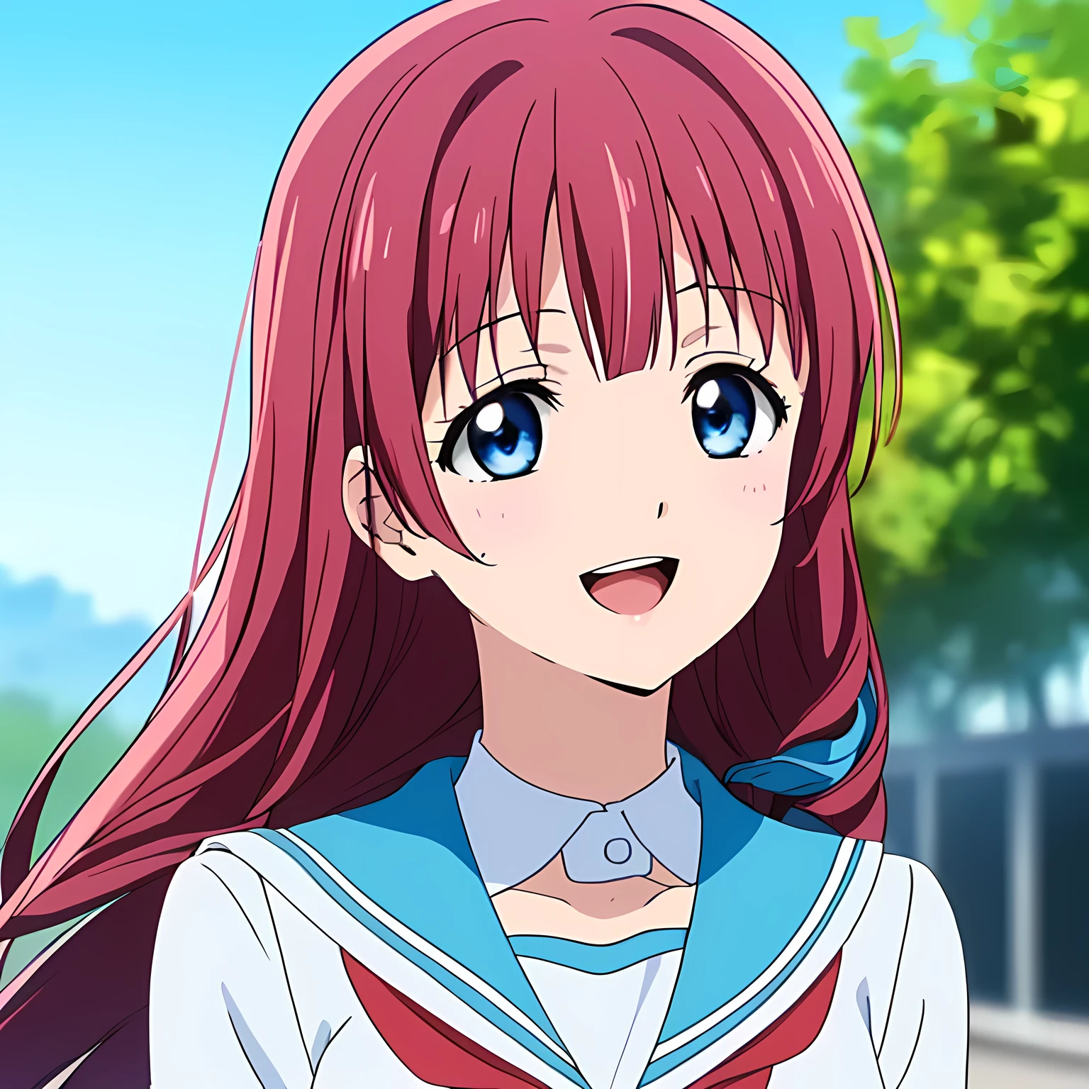 highest quality, (masterpiece:1.2), Very detailed, Game CG, ((((Very beautiful school uniform１Close-up shot of a girl)))), ((The girl everyone loves)), (((Very beautiful pink hair))), ((((the collar is white,、Blue streaked、Yellow sailor suit)))), ((Dark navy blue checked long skirt)), ((((Very beautiful and shining eyes)))), ((Very long eyelashes)), A big red ribbon on the chest, ((An elegant expression like a noble princess)), (((Beautiful and great smile))), Small face and great posture, ((Give the viewer a heavenly feeling of happiness)), (((Blur the background))), ((A very compassionate face)), ((Anime heroine smiling and open mouth)), ((Shapely breasts))