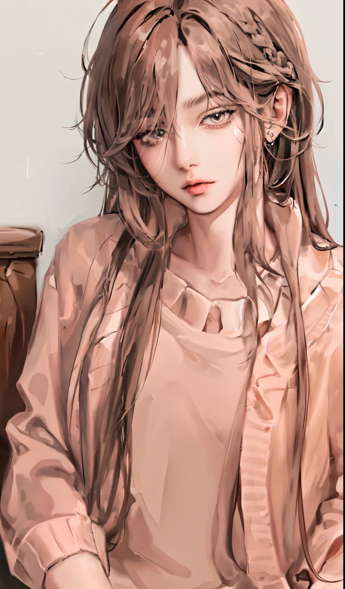 Girl, long straight brown hair, gray eyes, sharp features, white skin, pink lips, brown sweater