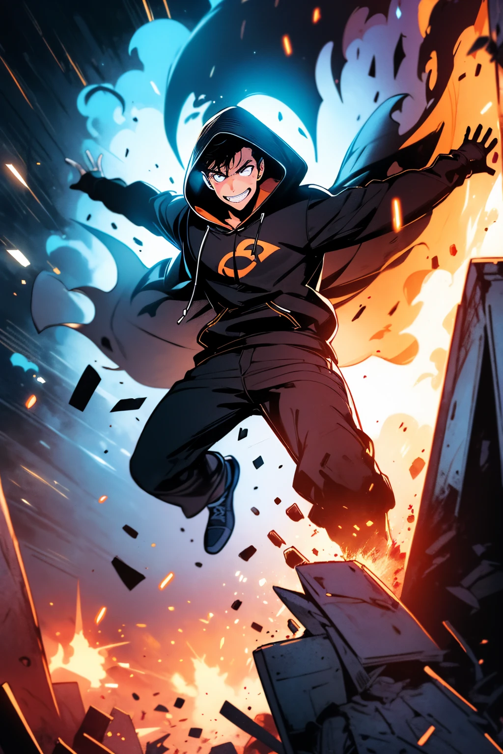 ((illustration)), (best quality)), ((masterpiece)), (simple detail), comic cover, a young man spreading his arms wide while explosion happens behind him, dark shadows covers his front, Dark hoodie, evil smile, solo: 2,