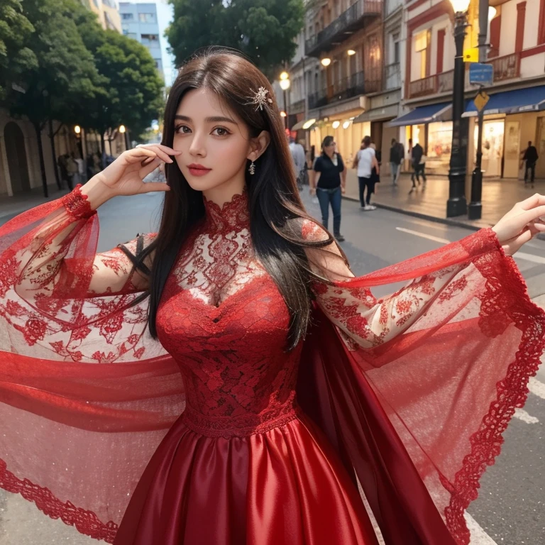 1 mulher posando na esquina da rua com vestido vermelho, HDR , melhor qualidade, high resolution, 8k, 1girl, (seios enormes), dia, brilhante, ao ar livre, (rua: 0.8), (pessoas, crowds: 1), (classic lace dress : 1.5, roupas rosas: 1.5, vestido vermelho de gola alta: 1.5, vestido sem mangas, vestido vermelho , joias , luxo , adornos no cabelos: 1.5), lindo, (mid hair), beautiful detailed sky, brincos bonitos, (dinamic pose: 0.8), (parte superior do corpo: 1.2), soft-lighting, vento, pele brilhante, olhando para o espectador, meiga ,