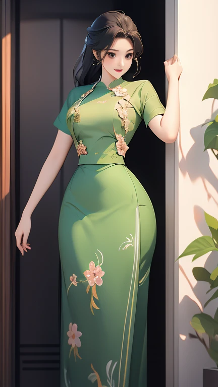 Burmese girl with attractive curvy full body.  Friends full-length bikini, (green dress) reflective long dress painted with flower patterns, only dress.  hi gh hips  High resolution  High resolution  natural background  High resolution  HD  3D,  8K cartoon anime 