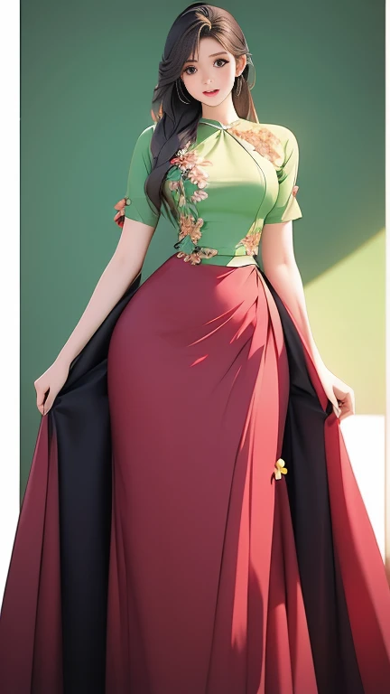 Burmese girl with attractive curvy full body. Friends full-length bikini, (green dress) reflective long dress painted with flower patterns, only dress. hi gh hips High resolution High resolution natural background High resolution HD 3D, 8K cartoon anime