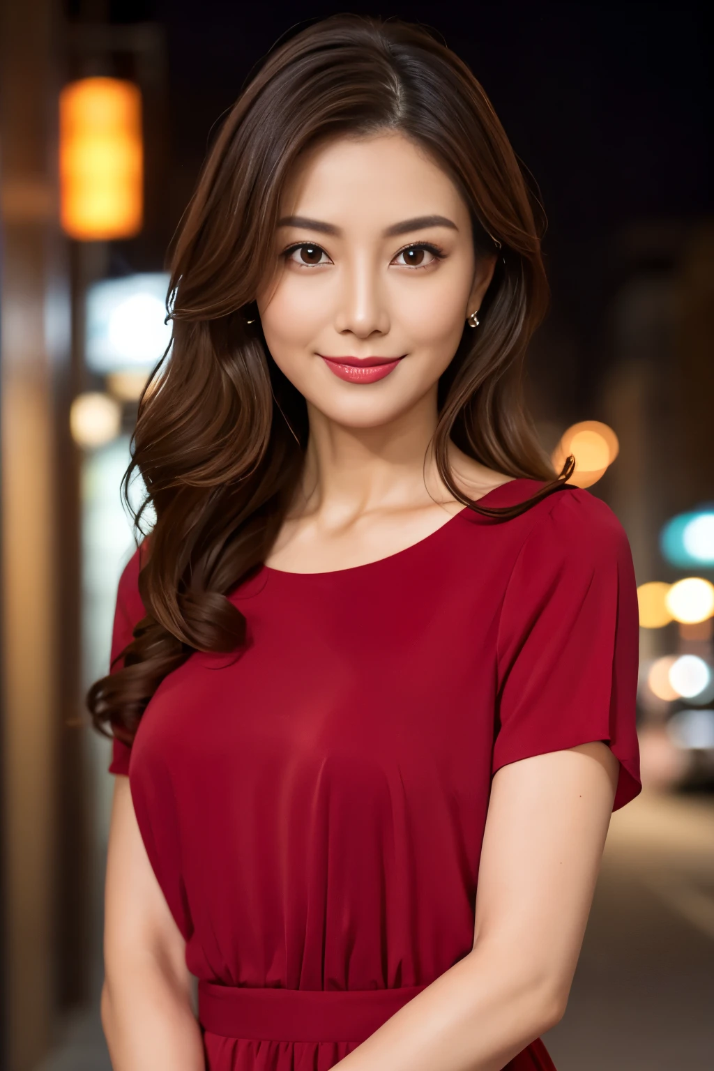 highest quality, 8K resolution, masterpiece, Professional photography, 40 year old beauty, Walk through the downtown area at night, (Elegant and stylish crimson top), Close-up of face, ((Look forward)), (((View your viewers))), smile, Wrinkles around the eyes, Standing Elegantly, Plump and soft body, Elegant and beautiful long wavy hair, Shapely breasts, Perfect Makeup, Beautiful lipstick, Elegant eyeshadow, Ultra-high resolution glossy skin