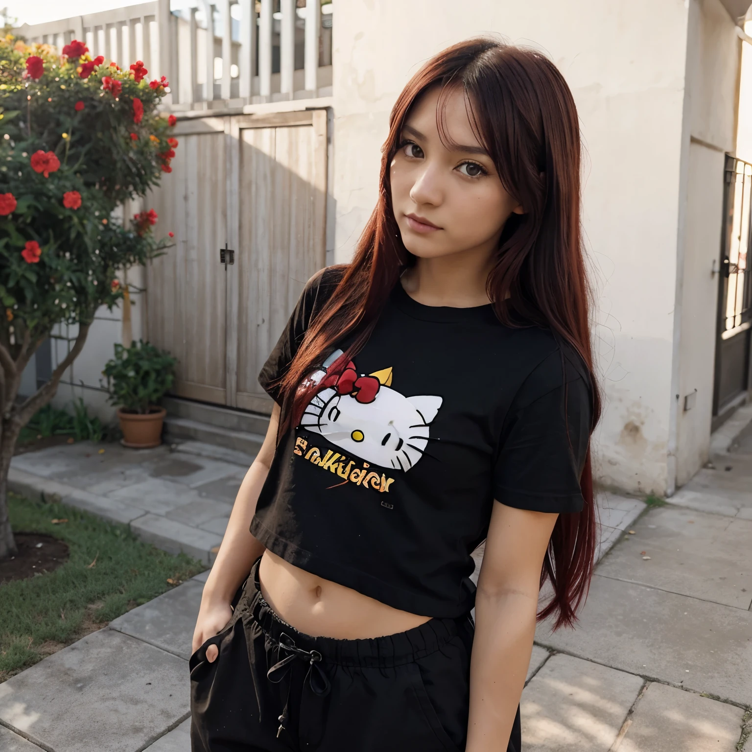 Chica anime audifonos morados,vincha de flores,cabello rojo largo, ojos negros,camiseta negra,pantalones de hello Kitty gris