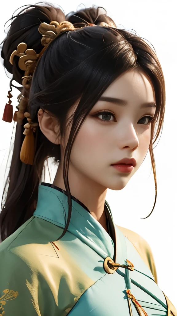 Game Art,Best image quality,Maximum resolution,8K,(A half-length photo),(portrait),(Head close-up),(Rule of Thirds),Unreal Engine 5 rendering works, (Future girl),(Female Warrior),
20 year old girl,(Chinese General),Eyes full of details,(Large Breasts),Elegant and noble,indifferent,brave,
(Wear Chinese clothes,Chinese Hanfu,Tang dynasty costumes,The costumes are rich in detail,Simple tones),Chinese characters,Fantasy style,
Photo poses,Wild background,Light,Light线追踪,Game CG,((3D Unreal Engine)),OC rendering reflection mode