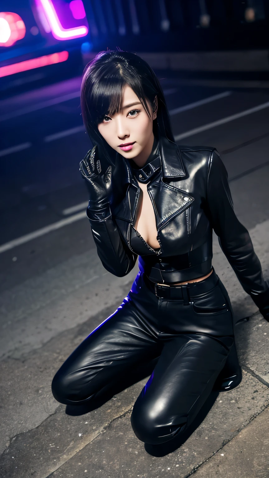 black leather rider jacket, Office in the Dark, Black leather gloved fingertips on both hands,Wearing black leather gloves,Sitting in a black leather chair、 Japanese female new recruits (Black leather gloves cover both hands) (The angle is horizontal)、Black Leather Pants,Black Leather Black Leather Pants,Black Leather Skinny Pants、Long black leather boots on both feet、Black hair ponytail ((He wears black leather gloves on his hands))Full Body Photo,full body shot full body full body leather suit,☺If you turn in this direction。Wearing black leather gloves,Wearing black leather gloves,Wearing black leather gloves,Wearing black leather gloves,Wearing black leather gloves,Wearing black leather gloves,黒のレザーパンツが美しい😍黒のレザーパンツが美しい😍黒のレザーパンツが美しい,😍Smiling while looking at me,City lights、((Neon Cyberpunk City Street:1.3))、(Neon Light)、Detailed lighting、
Best image quality、Ultra-high resolution、(realism:1.4)、Korean Beauty Star、The most beautiful KPOP stars、face、Horny Korean Makeup、A body that makes you want to touch it、Realistic leather texture、Costume made of smooth leather fabric、The drape of the curved parts of the leather fabric、The costume is very shiny、Quality of the costume、8K Photo Quality