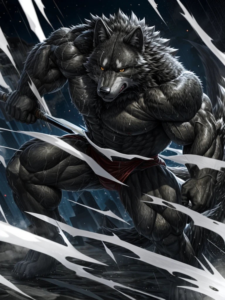 (highest quality:1.2), (masterpiece:1.2), Super detailed , 毛むくじゃらの雄のBlack wolf, Black wolf, great physique,Powerful Weapons, manly, Bodybuilder with muscles running all over his body ,((Pure sweat permeates the wolf&#39;s entire body.&#39;Muscular body.)), (Excessive sweating:1.5), ((Sweating all over the body)) , Looking up at the sky, (((white boxer briefs))) , fine grain, (Super detailed eyes:1.4), black sclera, Yellow Iris,null-ghostより, (Poolside:1.5), The background is the coast, end:night、Starry Sky,Raise your arms,