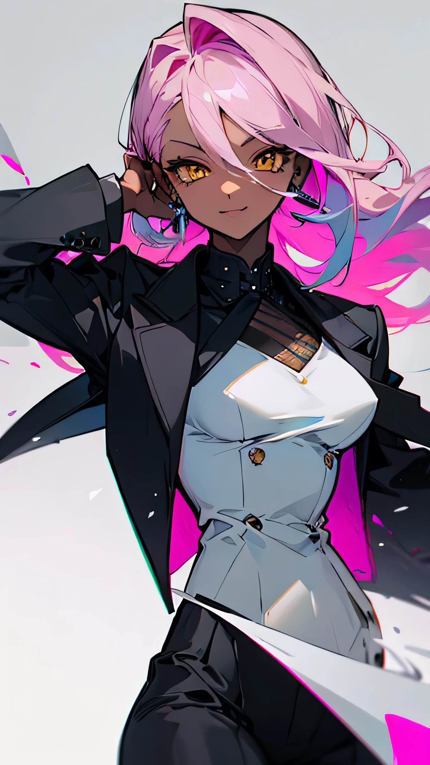 (highest quality、masterpiece:1.2) 1 Female、adult、((Dark skinned women、Hair over the ears)), light pink hair, blue hair, yellow Eyes、(small Glass)、((Black business suit、Black tailored jacket、White shirt、Black pantsuit)), (Malicious smile), sharp eye, under boob, Small earrings, Shoulder-length hair, Triangular bangs, Hair on the sides that is different length,