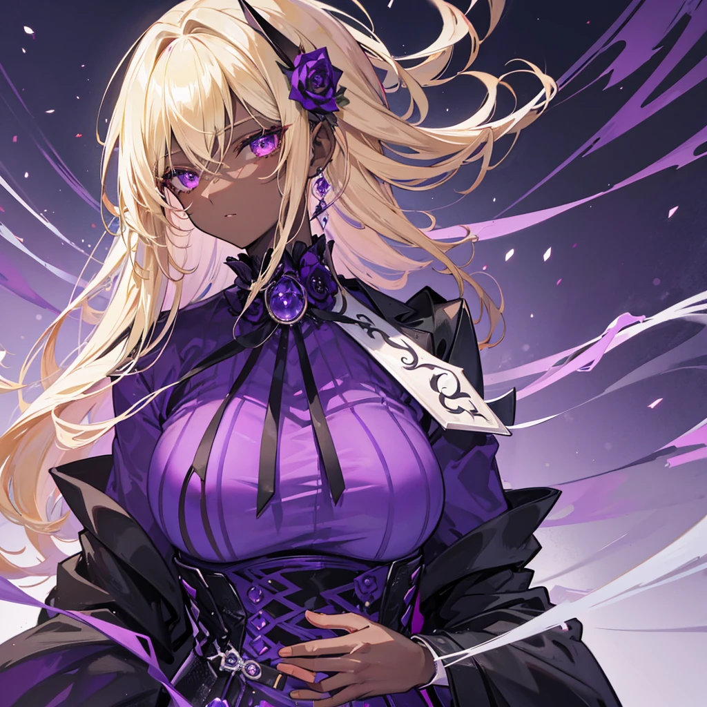 Dark-skinned woman with purple eyes, with blonde hair, wearing black men's formal clothing with purple details