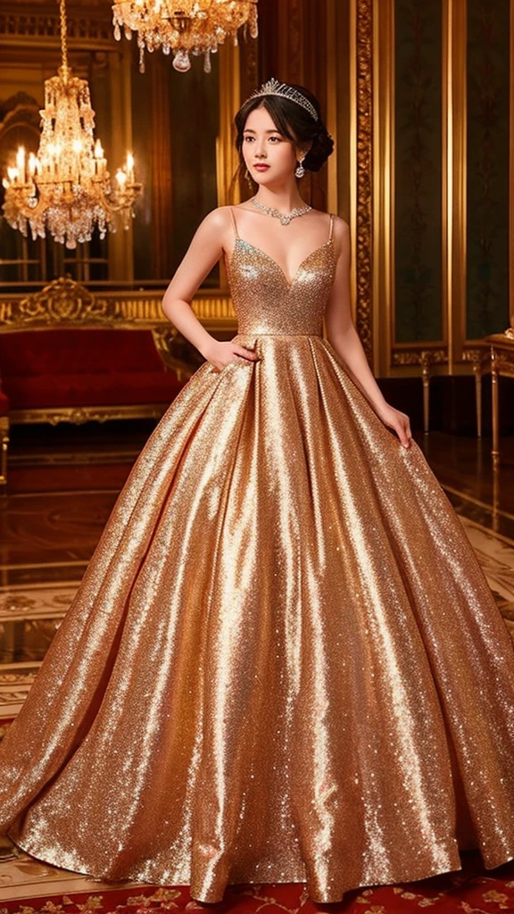 A beautiful, elegant and sparking princess dress in a palace background