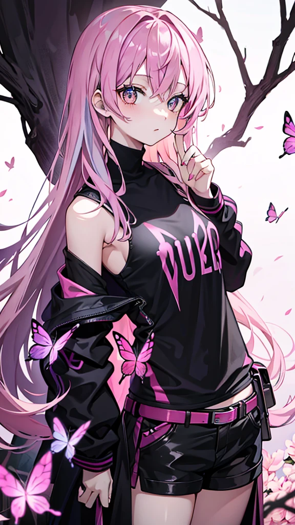 Butterfly,Pink hair,Golden Eyes.Wearing black clothes