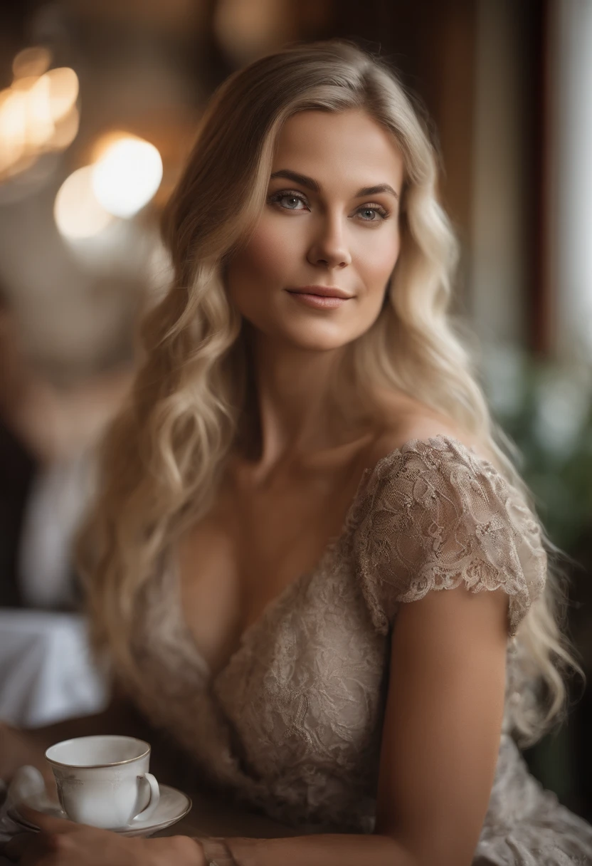 a beautiful woman with long blonde hair drinks coffee in the attractive bistro,  wearing very stylish clothes soft light from the side, beautiful blonde girl, Sexy girls, 2 4 Jahre altes weibliches Model, attraktiv, blonde goddess, blonde girl, seitliche Haltung, , pose attraktiv, sexy Aussehen, with natural light background,  Pose casual, enge Kleidung
