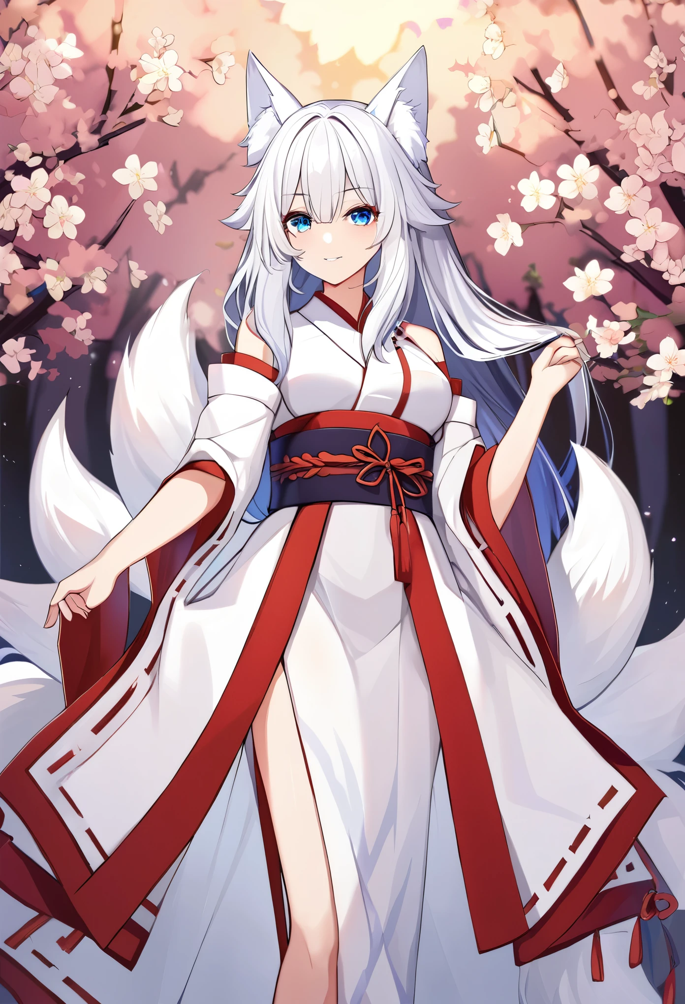 Young woman,long hair,Tall,cute,white hair,nine tailed fox,beautiful eyes,blue eyes,Miko Dresses,