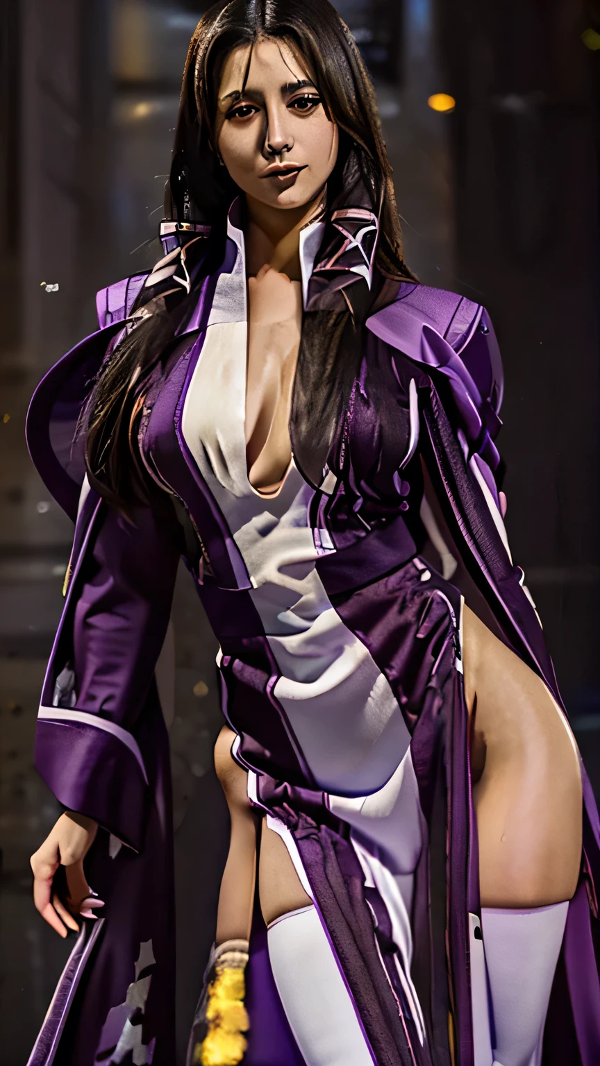 (masterpiece), best quality, expressive eyes, perfect face, solo woman, dance posing,  cold eyes, smile warm, fasalina, long purple dress, mothra, purple robe thin, front double braids, full dress, milf, Fasalina, slim body woman, long black hair, tall body,  blend yellow eye, yellow eyes, She wears a purple uniform consisting of a low-cut long sleeved robes, white thigh high boots, full body, She also wears a dark purple cloak, tight dress, married, Fasalina, purple dress, side Slit, cleavage, thighs, thighs high, Kneehighs, 