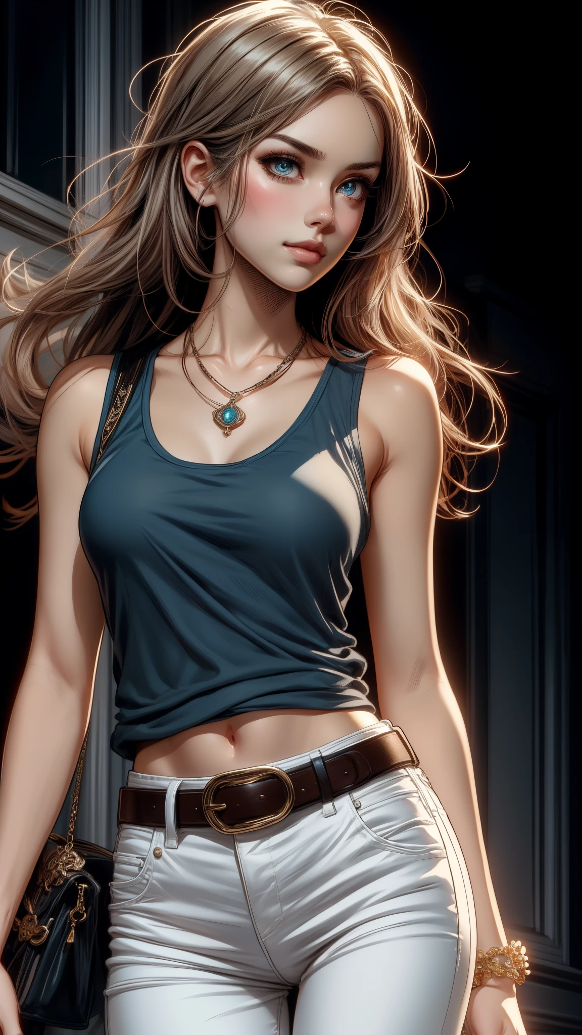 an illustrated character with a manga style. She has long, straight hair with blended gray and light brown tones. Her eyes are large and expressive, with blue irises. She has a nose and plump lips.The character is wearing navy tank top that accentuates her fit physique. She has on white jeans with a belt, giving her a casual yet stylish look. A small necklace completes her outfit. Her pose conveys confidence, with one hand on her hip and a subtle smirk on her face. fashion-forward young woman character, comic art styles. The background is plain white, keeping the focus solely on the detailed character illustration itself.