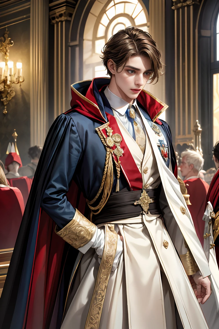 masterpiece, 最high quality, high quality, 1 boy, alone, Male focus, Watching the audience, Messy brown hair, Adorable big blue eyes, White, Noble, Noble, Beautiful tailcoat、A very voluminous, large, very large, very large, long, long red and black cape with a high stand-up collar, made of a lot of fabric that reaches down to the floor., Age 25,Cute beautiful boys,Cute, cute, kind, shy handsome man