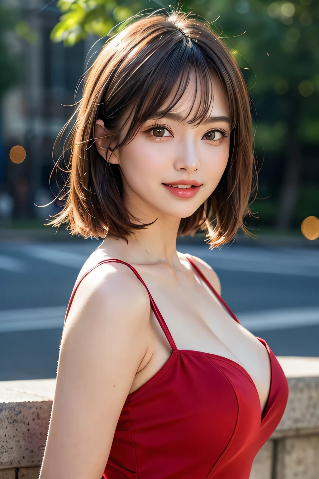 (8k, RAW Photos, highest quality, masterpiece, Realistic, Realistic), (1 female), (The ultimate beautiful middle-aged woman), Highly detailed face, (Perfect Teeth), Beautiful Eyes, double eyelid, eyelash, smile, Lip details, (Neat brunette bob), The light shines on your face, Big Breasts, ((Colorful mini dresses)), (front view), (background: none), Background blur