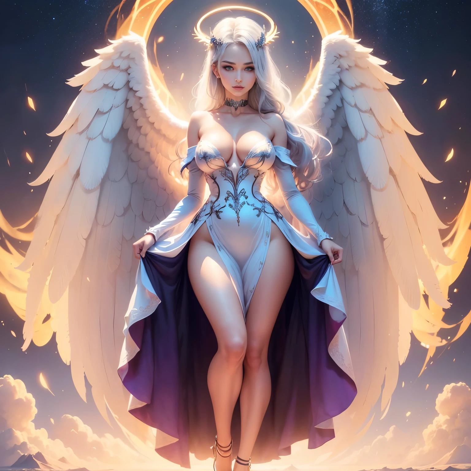((colorful dress, colorful theme, clothing, colorful theme, Very bright colors, Light particles)), symmetry, portrait, full body shot, accurate, 16k, highres, best quality, award winning, super detail, anatomically correct, masterpiece, retina, UHD, Ombre, Smile, Cleavage, Pure, High heels, Laces, Glitter, No bra, Offshoulder, Highly detailed facial and skin textures, Detailed eyes, Choker, Full body photoshoot, Full body, Far view, Full body in view, High heels in view, Attractive legs, Sexy legs, Tall legs, Slim figure, Dressed, (photorealistic: 1.4, clear: 1.2, perfect body: 1.4, beauty: 1.4, slim abdomen: 1.2, big breasts: 1.2, fit: 1.5, full-body shot: 1.4, random hairstyles: 1.2),((full body female angel, shining halo over head, extremely bright halo, halo)), 1 angel girl, shining wings, shining halo, exquisite headdress, beautiful female angel, large wings, white hair, white wings, on clouds, beautiful angel, attractive angel, clouds, glowing eyes
