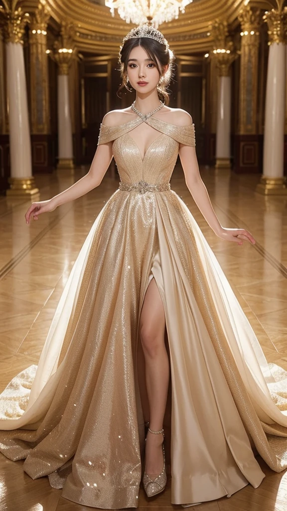 A beautiful, elegant and sparking princess dress in a palace background