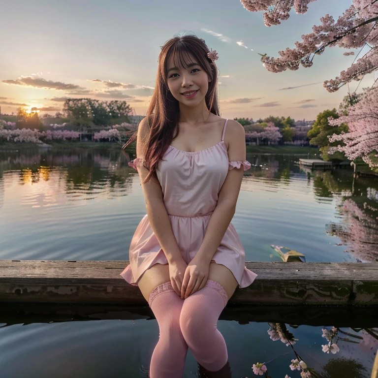 (best quality,4k,8k,highres,masterpiece:1.2),ultra-detailed,(realistic,photorealistic,photo-realistic:1.37),portraits,lake,reflection,sunset,(cherry blossoms),sakuramiku,hatsunemiku1:0.7,upper body,smile,blush,sitting,pink sleeve,pink stockings,pink sky