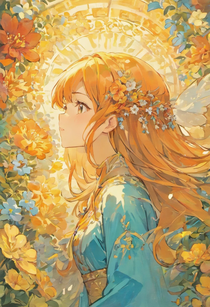 Art Nouveau girl in profile surrounded by flowers and long hair, As well as her Asian slanted eyes and long eyelashes..、smile、Facing forward、Orange and light blue