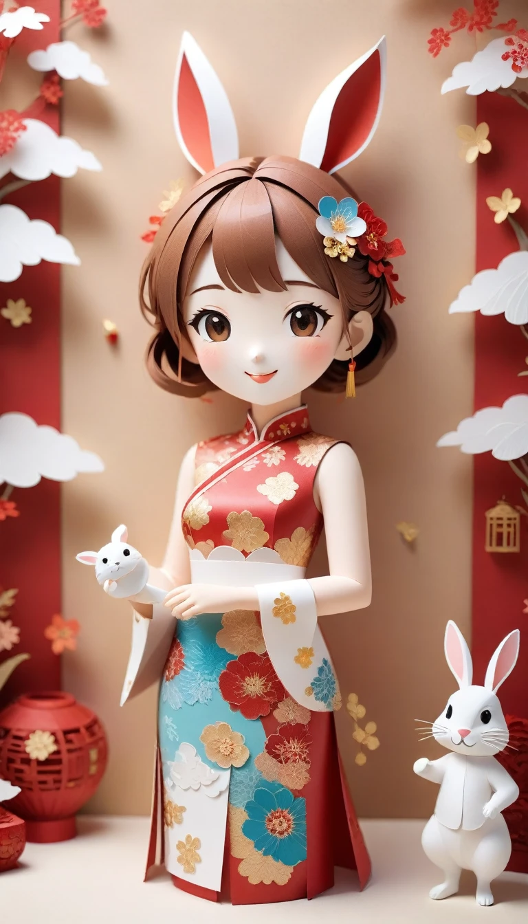 (paper art,layered paper art,Roll paper,Decoupage,Paper carving), 1 cheongsam,rabbit head,fit,Perfect proportions,fine hair, whole body, Smile,Oriental elements,Simple background, White, (soft light, Bokeh)