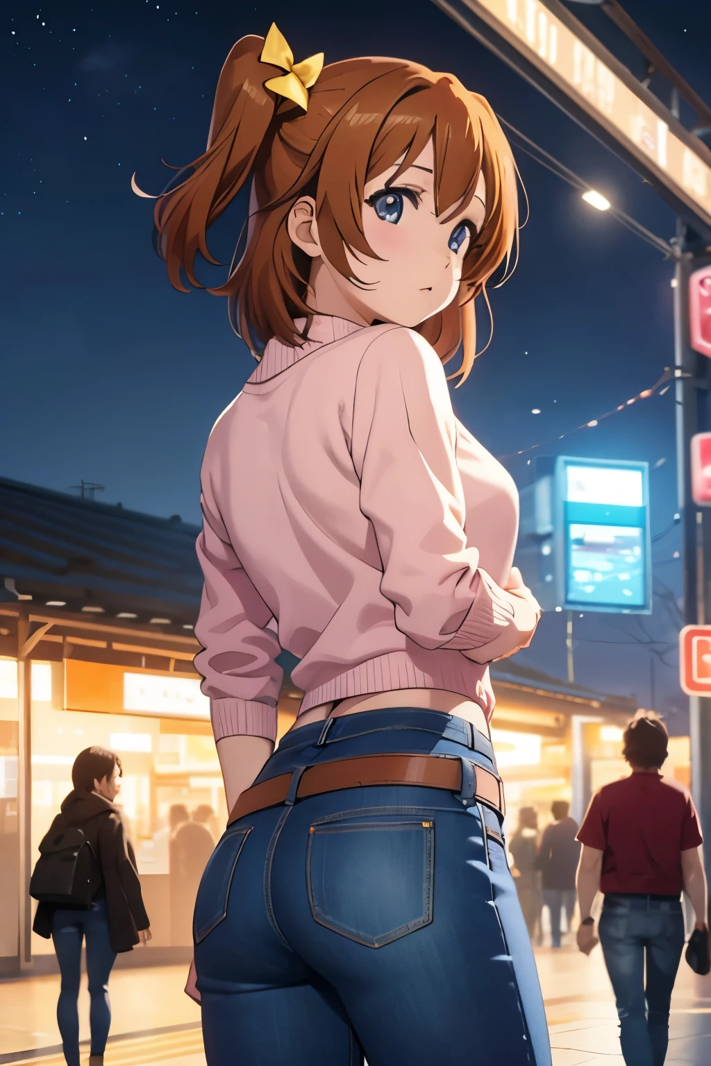 Kousaka honoka, night, train station, tight jeans pants,sweater top,arms behind back, short hair, hair ornament, crotch lines, upper body , cute girly belt