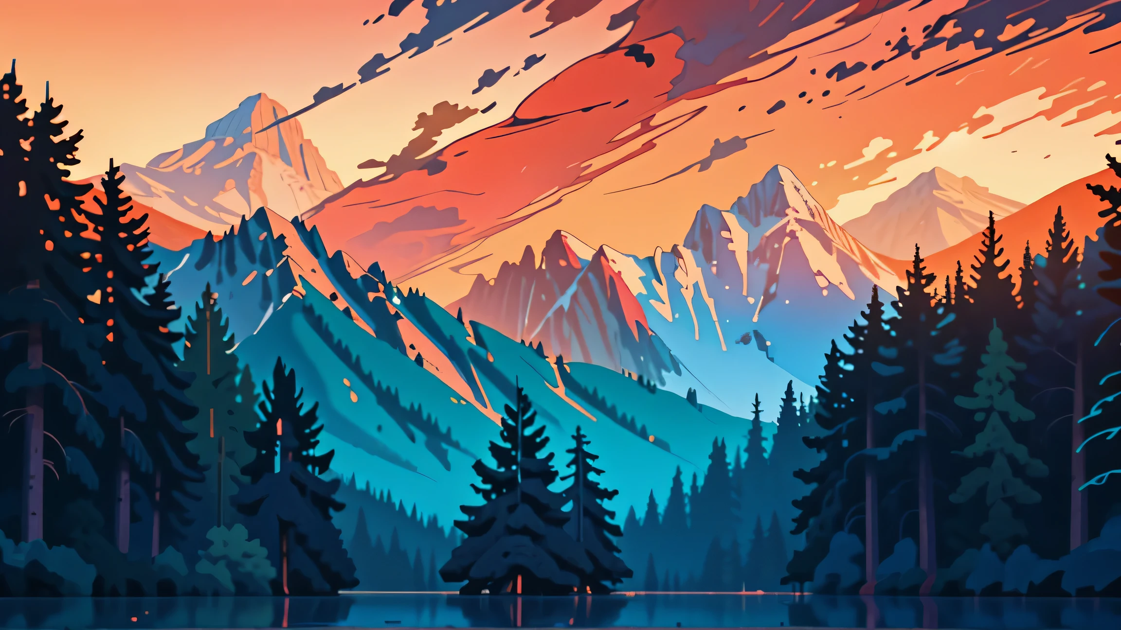 sunset over a forest, with a colorful sky and mountains in the background, trees, lake, birds, scenery, outdoors, mountain, sky, sun, sunset, nature, mountainous_horizon