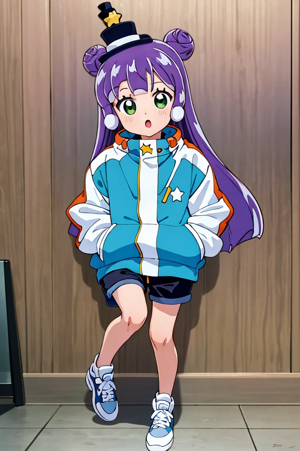 (masterpiece:1.3),(highest quality:1.4),(Super detailed:1.5),High resolution,an extremely delicate and beautiful,Official Art,Perfect Anatomy,anime screencap,anime coloring,8K,((solo:1.52)),
1990s \(style\),retro artstyle,anmnr,
((puniru:1.52)),slime girl,light purple hair,long hair,grey gradient hair,multicolored hair,blunt bangs,double bun,blue hair,green eyes,star (symbol),mini top hat,jacket,shorts,sneakers,shoulder bag,1girl,solo,