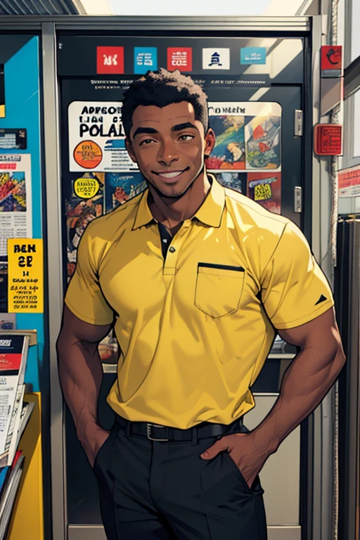 ((melhor qualidade)), ((Obra de arte)), (detalhado), ((Comic)) rosto perfeito Na porta de um escritorio da empresa, pele negra e cabelo preto curto, Sorrindo gentilmente, with his hand in his trouser pocket, camisa polo preta.