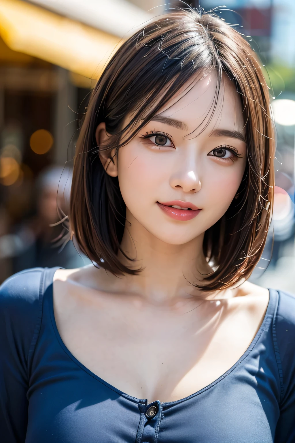 (8k, RAW Photos, highest quality, masterpiece, Realistic, Realistic), (1 female), (The ultimate beautiful middle-aged woman), Highly detailed face, (Perfect Teeth), Beautiful Eyes, double eyelid, eyelash, smile, Lip details, (Neat brunette bob), The light shines on your face, Big Breasts, ((Colorful mini dresses)), (front view), (background: none),  Background blur