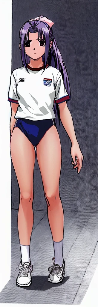 Momoko Koigakubo, a tall girl with beautiful legs, is standing from behind in a white gym uniform and light navy blue bloomers that look like panties.。