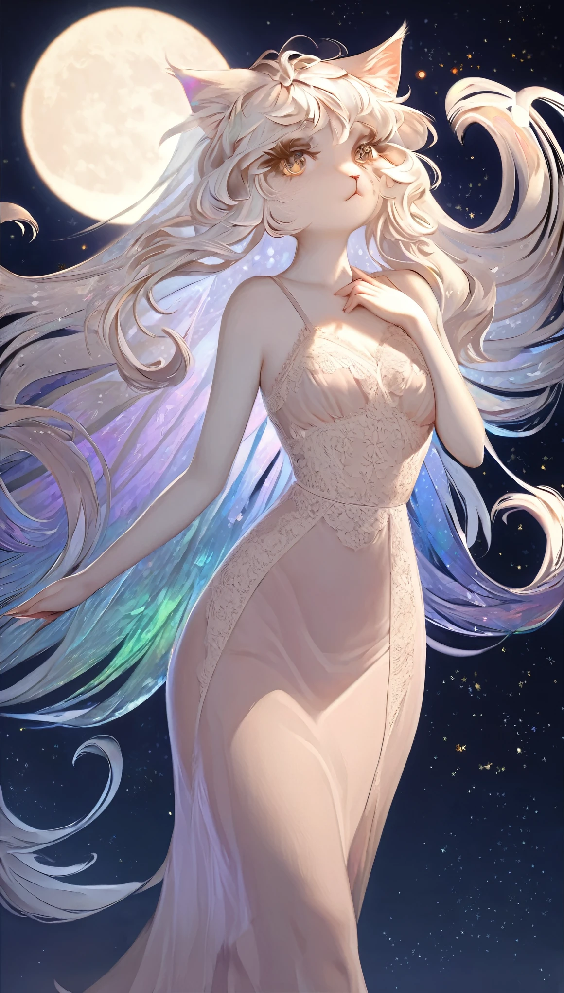 best quality, super fine, 16k, incredibly absurdres, extremely detailed, delicate and dynamic, furry, cool and beautiful pretty white woman, cat ear, iridescent white messy hair, captivating look, aroused expression, wearing camisole dress with lace embroidery, superlative body proportion, sparkling gold eyes, moon, night, stars